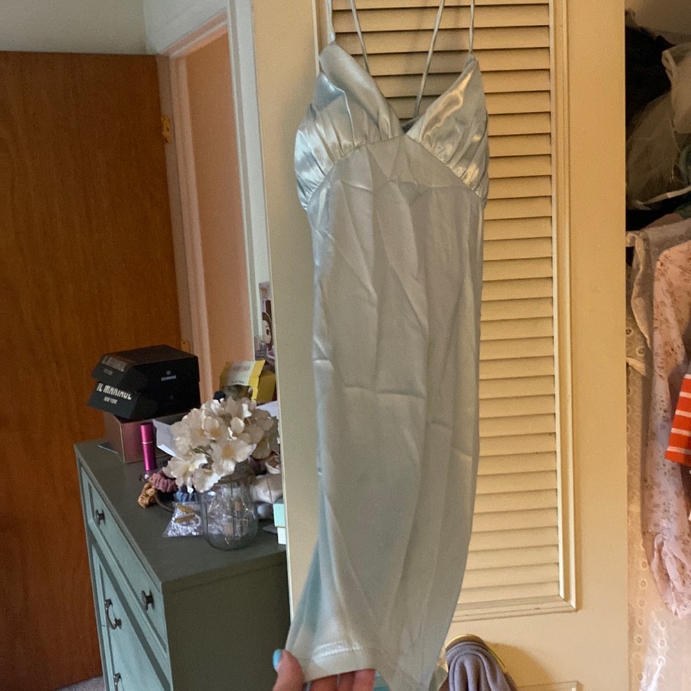 Zaful turquoise silk mini dress criss cross back brand new never worn